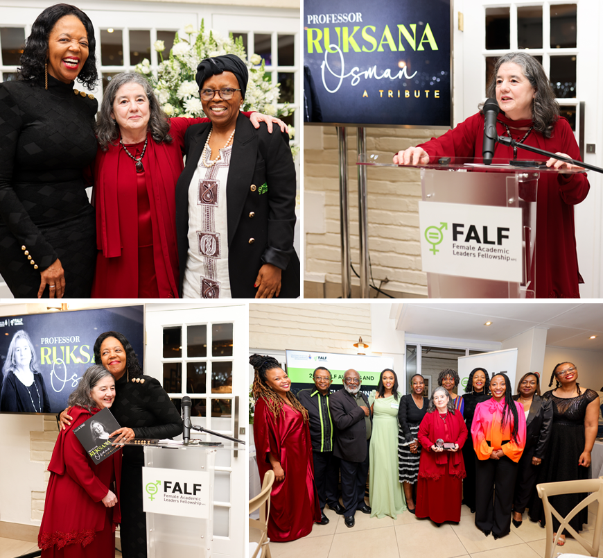 Female Academic Leaders Fellowship NPC (FALF)  presented the first FALF Champion Award to  Professor Ruksana Osman for her support to transformation, her lifelong service to Wits University